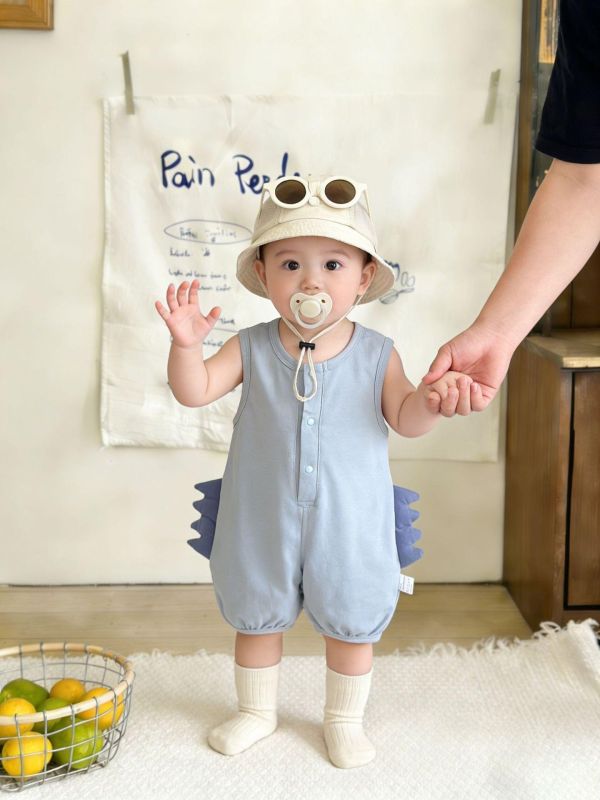 素色恐龍造型開釦棉質連身裝 