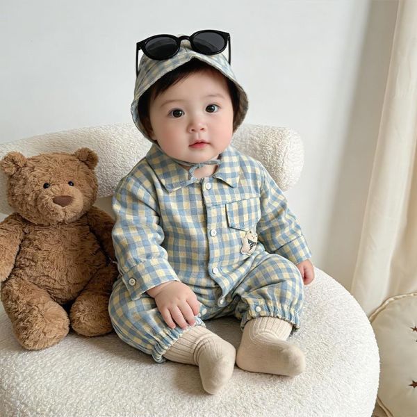 格紋小熊單口袋居家/外出連身裝 