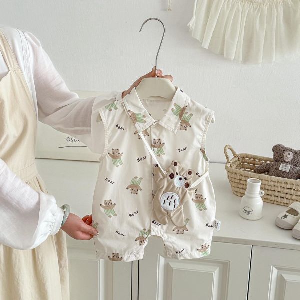 森林小熊翻領開釦連身裝(含小熊包) 