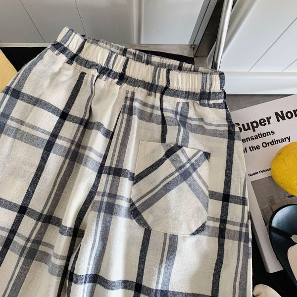 百搭復古格紋九分棉質長褲 