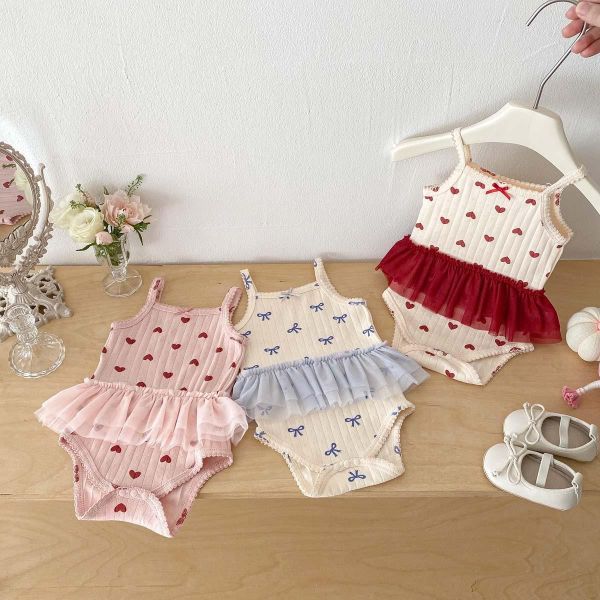 螺紋愛心/蝴蝶結網紗拼接包屁衣 