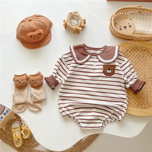 翻領條紋前後領結小熊包屁衣 