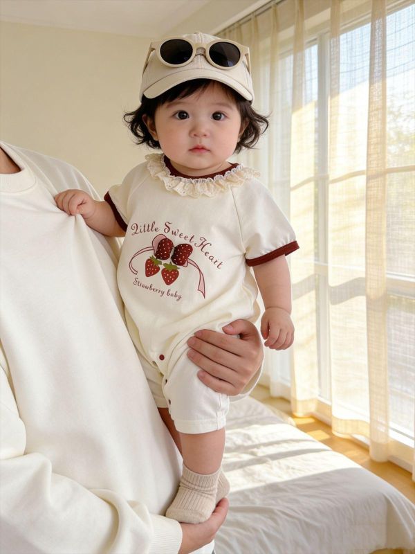 蕾絲領草莓花蝴蝶結連身裝 