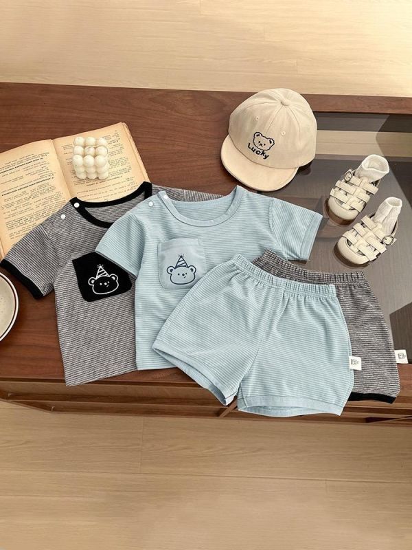 生日小熊口袋條紋兩件式套裝 