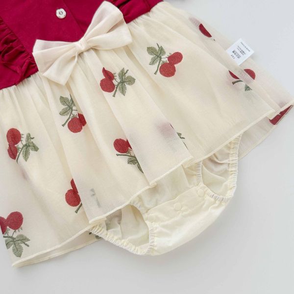 假兩件櫻桃拼接短袖/長袖包屁裙 