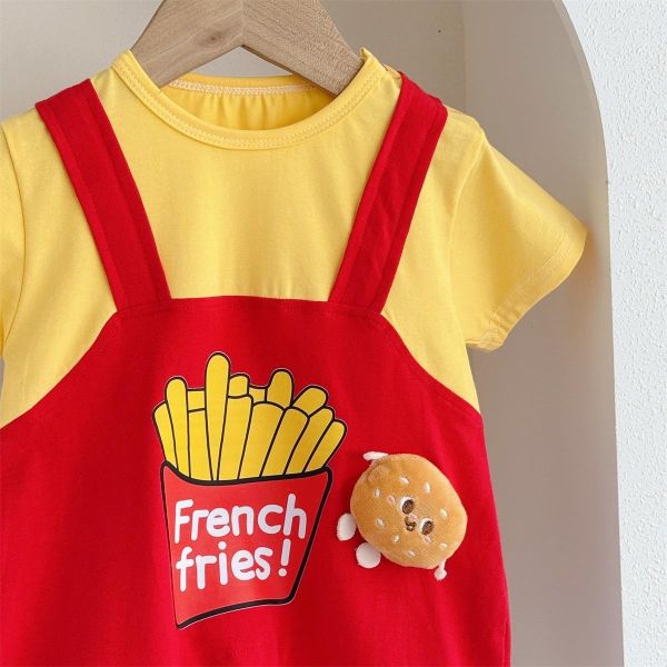 假兩件薯條印花吊帶連身裝+襪 