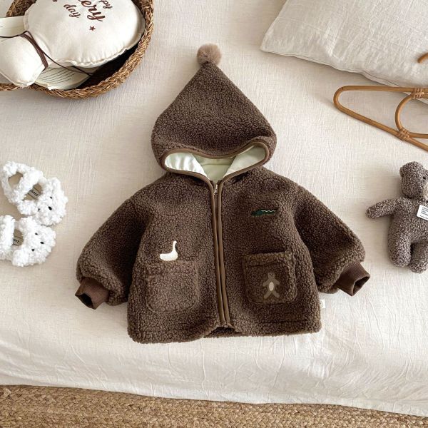 羊羔毛動物刺繡雙口袋連帽外套 