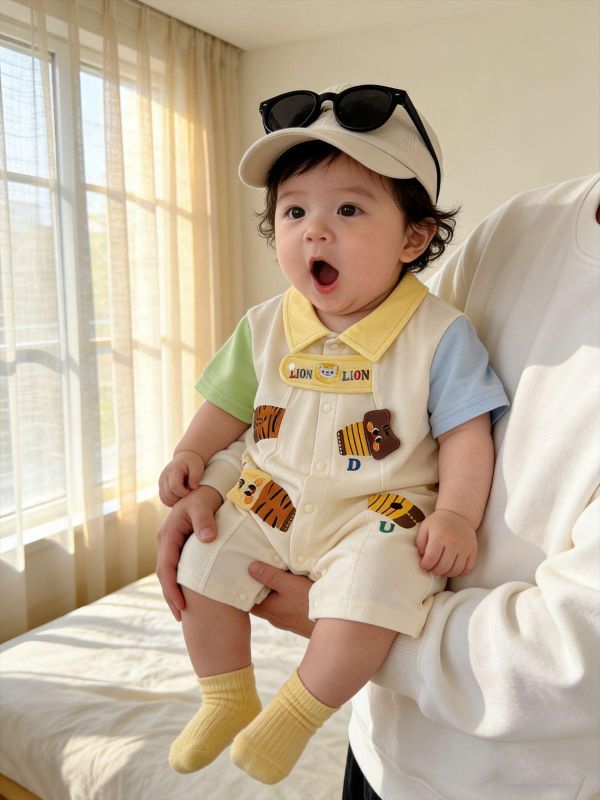 撞色翻領拼袖娃娃小獅子連身裝 