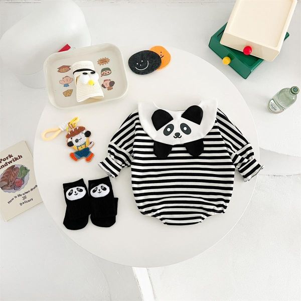 可愛娃娃領貓熊條紋包屁衣/打底褲 