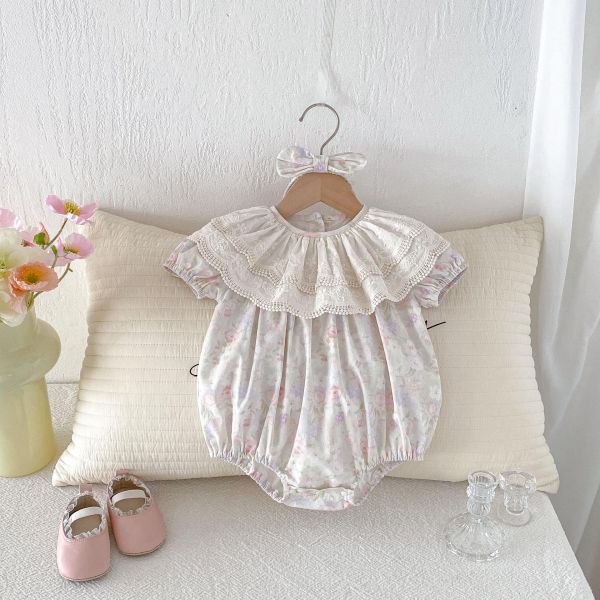 花邊大翻領碎花包屁衣+髮帶 