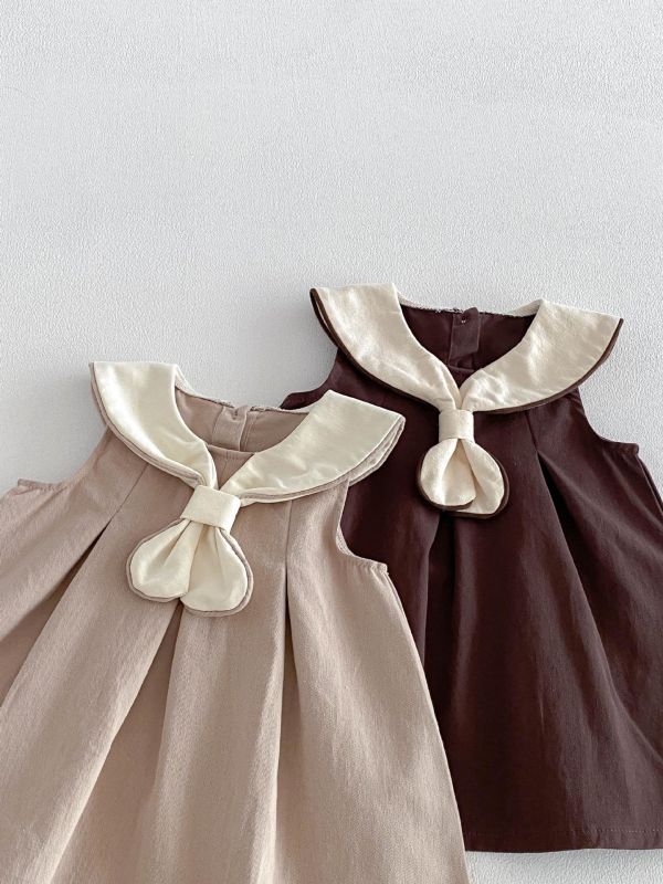 學院風領結削肩連身洋裝 