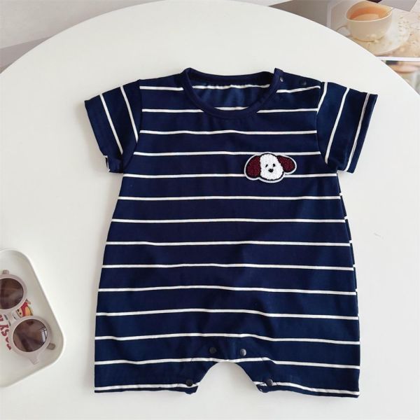 狗狗貼布條紋彈力連身裝(2色) 