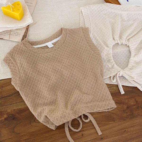 微露背綁繩透膚素色背心 