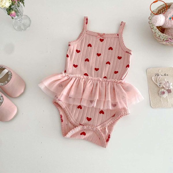 螺紋愛心/蝴蝶結網紗拼接包屁衣 