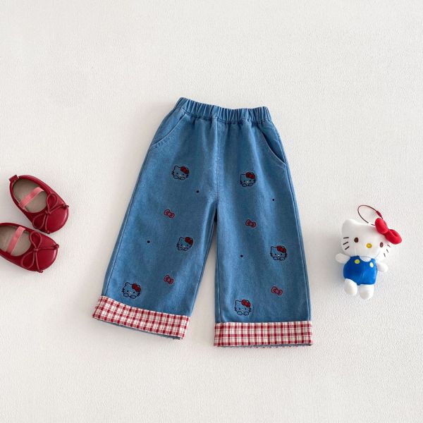 蝴蝶結/小羊格紋反折直筒長褲 