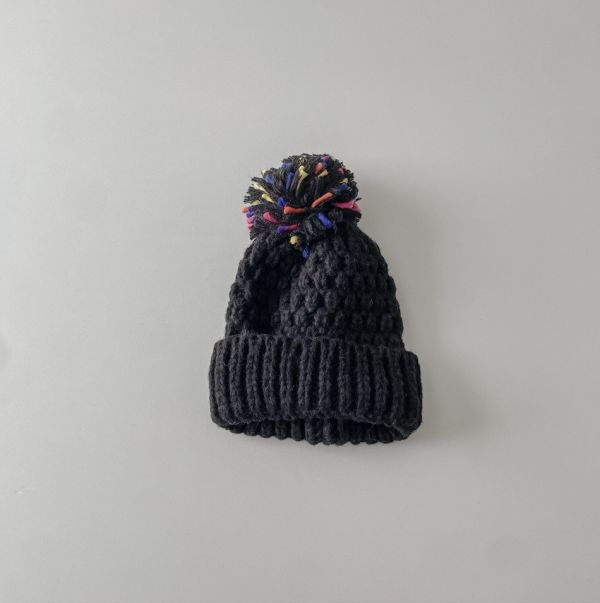 混織大毛球針織反摺毛帽 