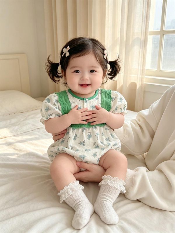 田園碎花綠方領包屁衣 