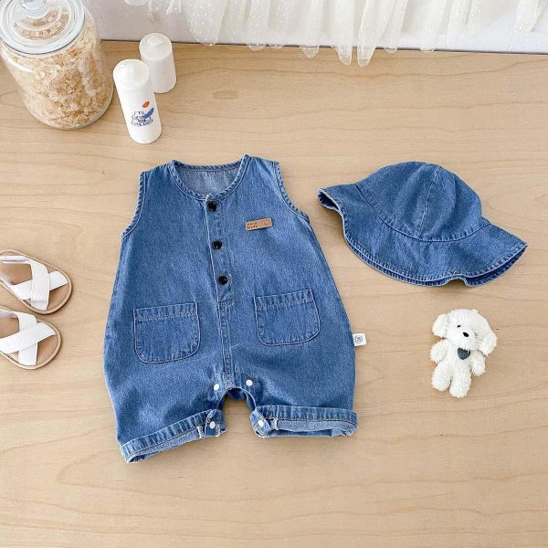 素色牛仔開釦連身裝+帽 