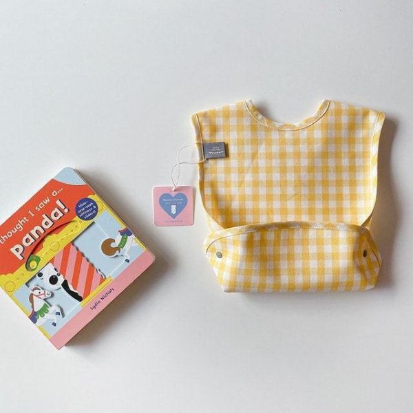 好收納格紋吃飯防水防油圍兜 