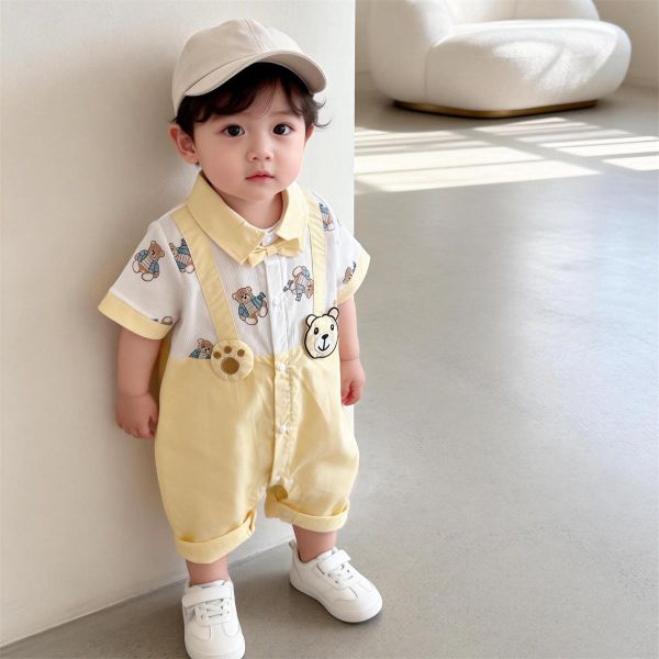 假兩件翻領小熊吊帶連身裝 