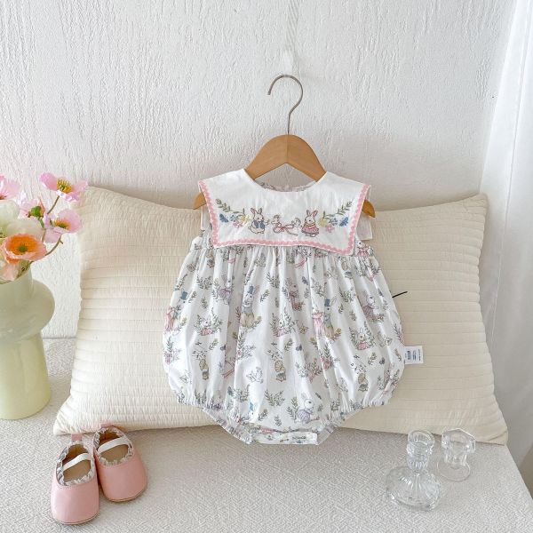 大方領兔子碎花田園包屁衣 