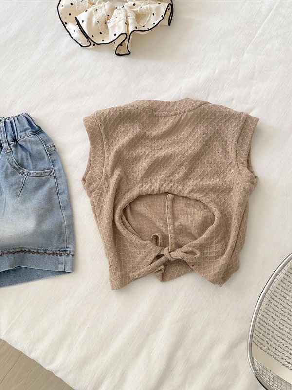 微露背綁繩透膚素色背心 