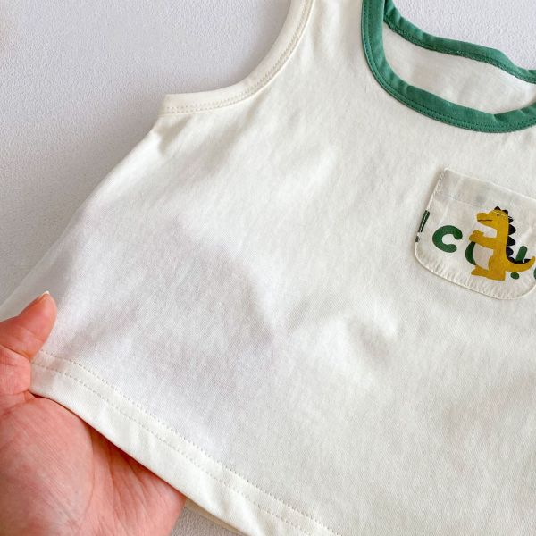 口袋背心+滿版字母恐龍吊帶褲套裝 