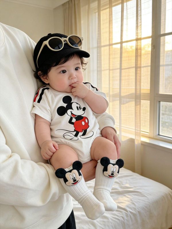 落肩雙槓米奇印花寬鬆包屁衣(贈襪)(2款) 