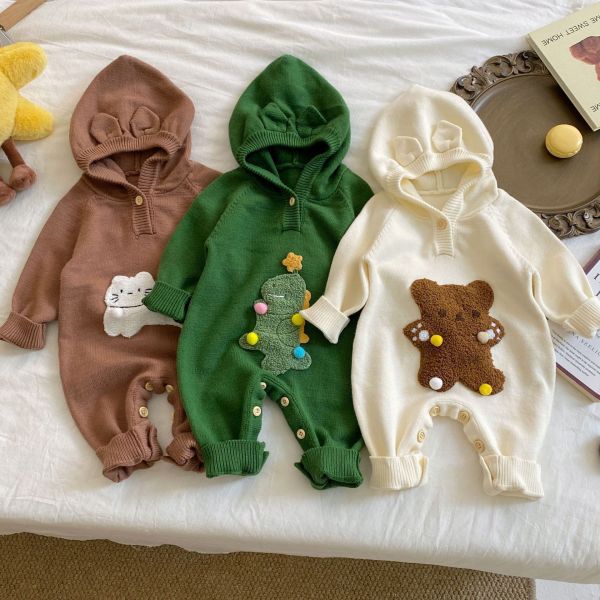 可愛動物刺繡針織連帽連身裝 