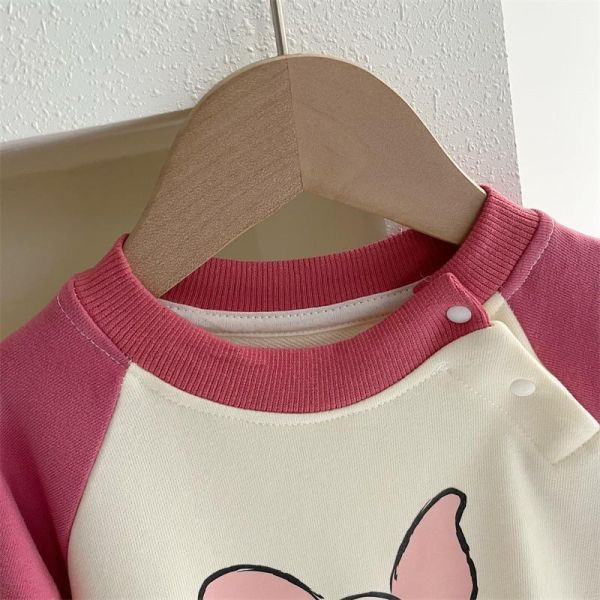 撞色拚袖粉紅小豬連身裝 