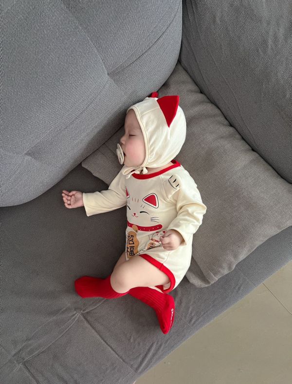 招財貓印花造型包屁衣+帽 