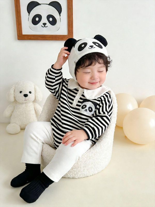 可愛娃娃領貓熊條紋包屁衣/打底褲 