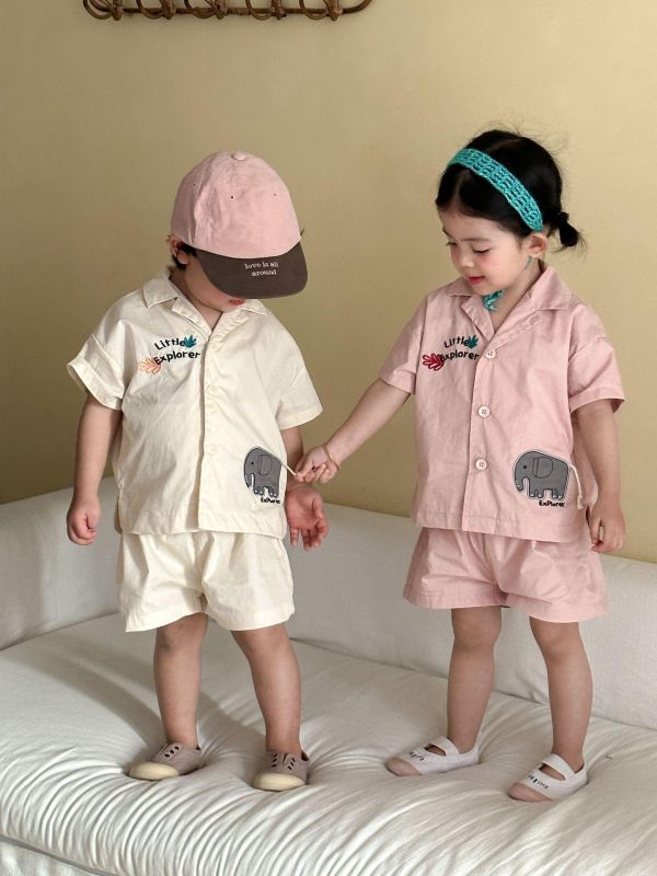 大象字母刺繡襯衫兩件式套裝 