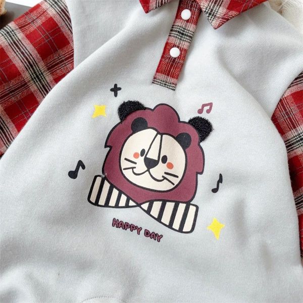 假兩件獅子格紋拚袖連身裝 