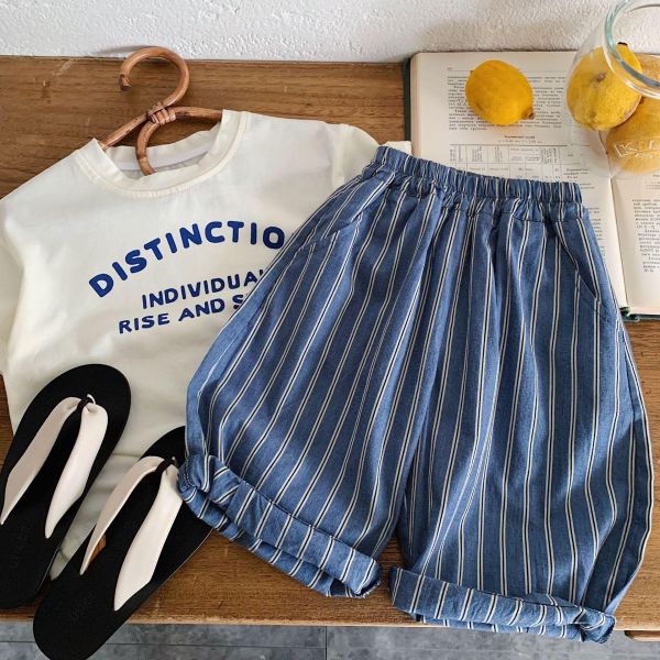 豎條紋口袋貼布薄款九分長褲 