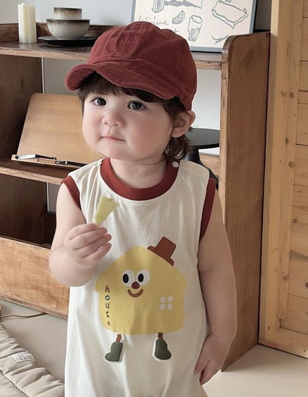 可愛餅乾印花拼色無袖背心連身裝 