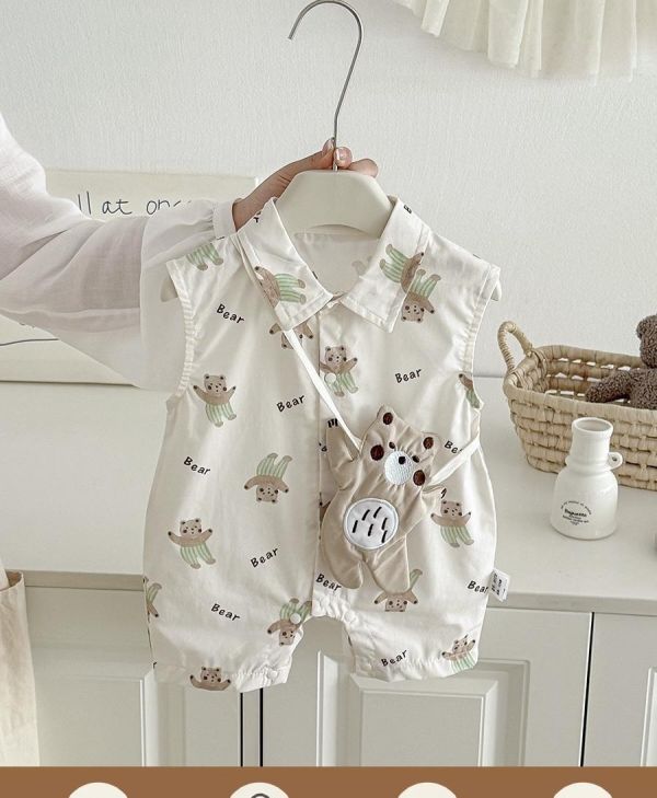 森林小熊翻領開釦連身裝(含小熊包) 