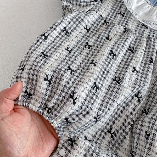 蝴蝶結格紋蕾絲花邊領包屁衣 