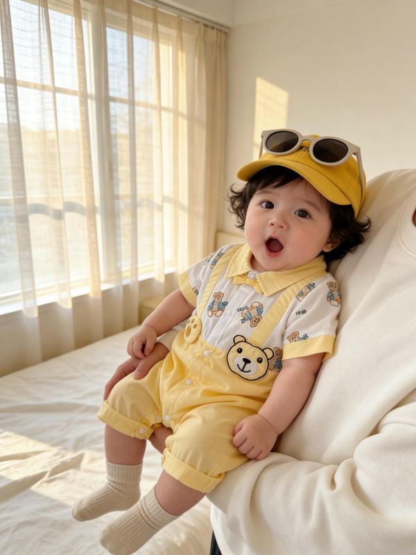 假兩件翻領小熊吊帶連身裝 