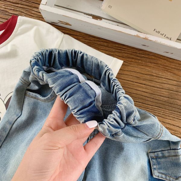 水洗暈染可愛布標七分牛仔褲 