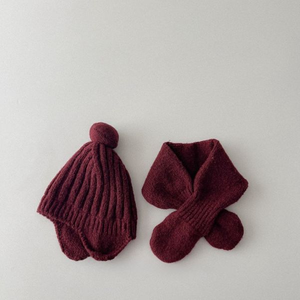 素色螺紋精靈護耳帽+圍脖 