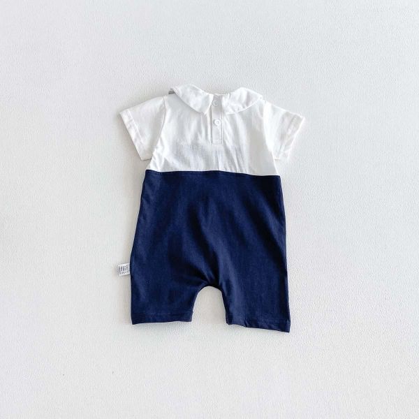 假兩件蝴蝶結翻領背帶連身裝 