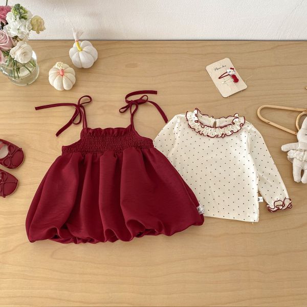 木耳立領點點上衣+酒紅綁帶吊帶裙 