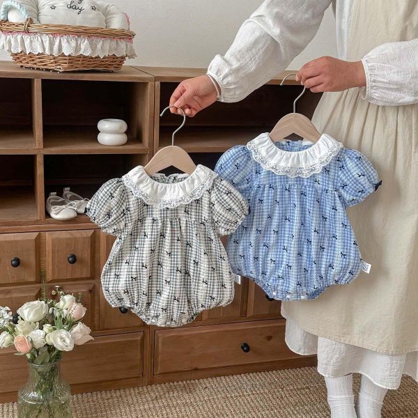 蝴蝶結格紋蕾絲花邊領包屁衣 