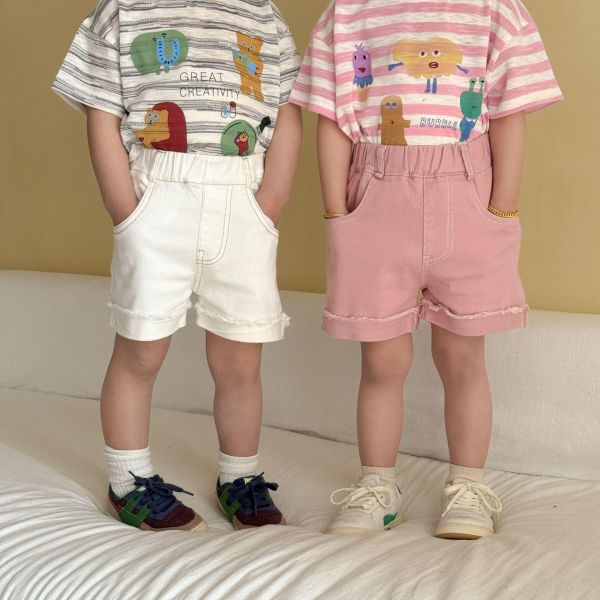 素色卷邊不修邊休閒短褲 