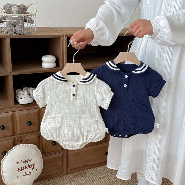 海軍風翻領棉麻雙扣包屁衣 