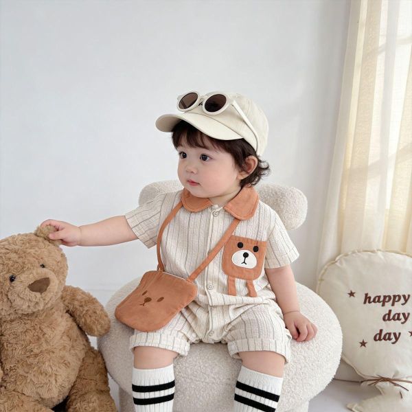 翻領小熊口袋豎條紋連身裝(含包) 