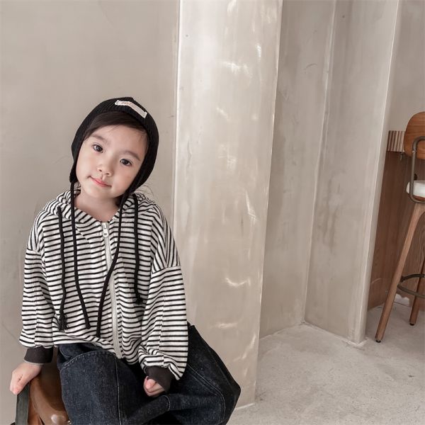 兩色條紋連帽拉鍊外套 