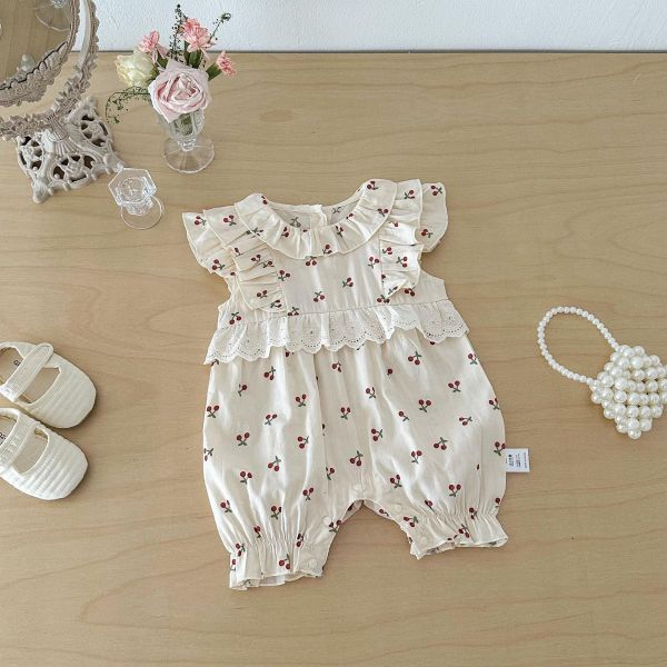 滿印櫻桃蕾絲荷葉連身裝 