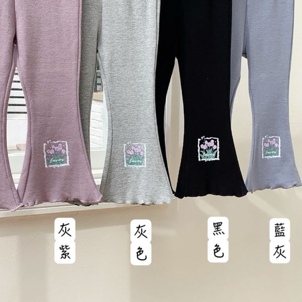 鬱金香印花素色彈力喇叭褲 